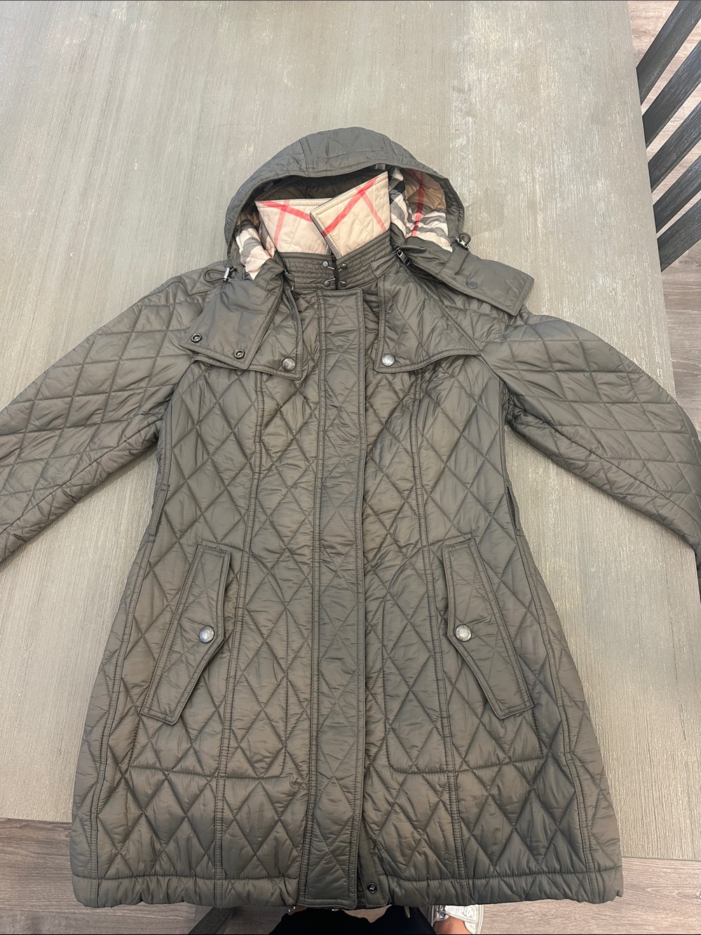 Burberry Quilted Hooded Long Coat in Olive Green